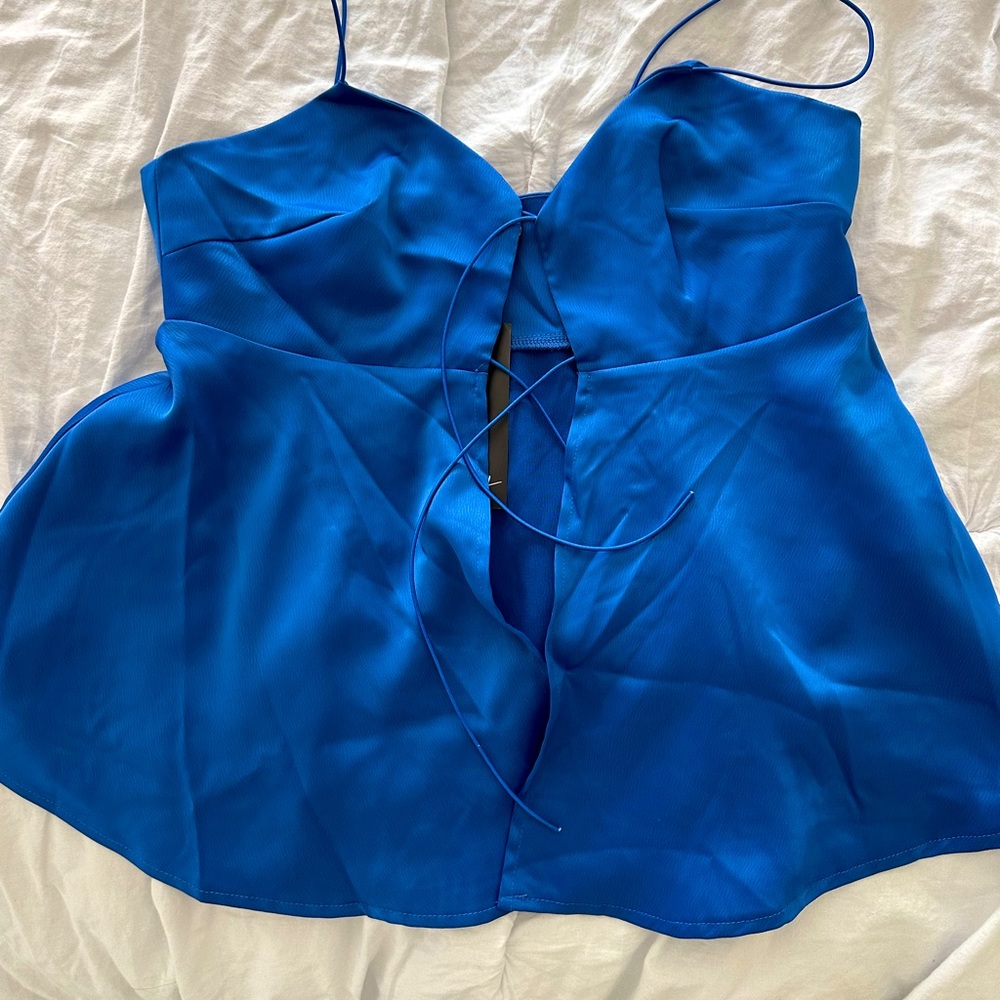 Blue satin tie front tank NWT